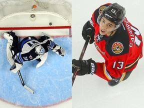 Winnipeg Jets goalie Ondrej Pavelec and Johnny Gaudreau. (USA Today Sports/Postmedia)