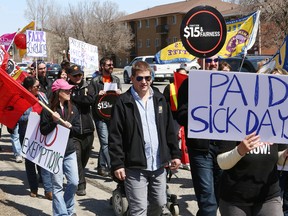 A rally was held near Sudbury MPP Glenn Thibeault's office on Barrydowne Road in Sudbury, Ont. to focus awareness on employee issues and better protections for Ontario workers on Friday April 15, 2016. John Lappa/Sudbury Star/Postmedia Network