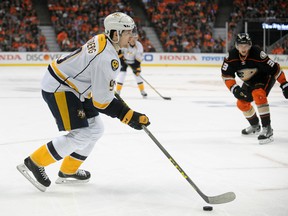 Nashville Predators center Filip Forsberg (9) controls the puck against Anaheim Ducks during the first period in game one of the first round of the 2016 Stanley Cup Playoffs at Honda Center, April 15, 2015. (Gary A. Vasquez-USA TODAY Sports)
