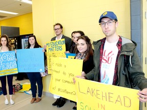 Students from Laurentian University's Barrie campus travelled three hours to Sudbury, Ont., to participate at a board of governors meeting on Friday April 15, 2016. Their motion to have the LU campus in Barrie remain fully operational until 2019 was denied. Keenan Kusan/Sudbury Star/Postmedia Network