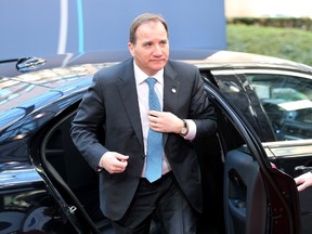 Swedish Prime Minister Stefan Lofven arrives for an EU summit at the EU Council building in Brussels on Friday, Feb. 19, 2016. (AP Photo/Francois Walschaerts)