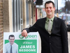 Manitoba Green Party leader James Beddome stands outside his constituency office in Winnipeg, Man. Thursday April 14, 2016.(Brian Donogh/Winnipeg Sun/Postmedia Network)