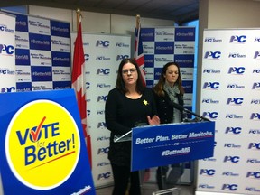 Progressive Conservative deputy leader and Tuxedo candidate Heather Stefanson, left, addresses the media at a press conference she held Saturday, April 16, 2016 at PC headquarters in Winnipeg with fellow PC candidate Tracey Maconachie to address charges that a PC government would cut cancer care drugs for vulnerable patients and seniors.(GLEN DAWKINS/Winnipeg Sun/Postmedia Network)