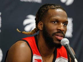 DeMarre Carroll of the Toronto Raptors speaks to the media after practising at the BioSteel Centre in preparation for Game 1 at against the Indiana Pacers at 12:30 p.m. Toronto, Ont. on Friday April 15, 2016. (Jack Boland/Toronto Sun/Postmedia Network)
