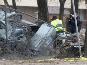 The driver of this vehicle was killed after a single-car collision on Wall Street early Saturday morning. (Chris Procaylo/Winnipeg Sun/Postmedia Network)