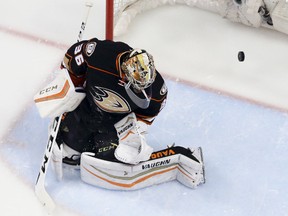 Anaheim Ducks goalie John Gibson fails to stop a goal by Nashville Predators left wing James Neal during the first period of Game 1 in an NHL hockey Stanley Cup playoffs first-round series in Anaheim, Calif., Friday, April 15, 2016. (AP Photo/Chris Carlson)