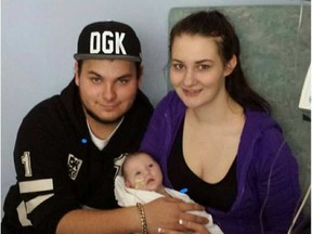 Keaton Boomhower (left) and Erica Kennedy pictured with their daughter, Ellie Rose, who is in the Stollery hospital.