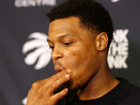 Raptors' Kyle Lowry speaks to the media following the team's opening game of the playoff loss to Indiana in Toronto, Ont. on Sunday April 17, 2016. (Michael Peake/Toronto Sun/Postmedia Network)