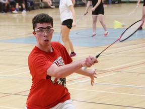 Sebastien Stefankow, of Ecole secondaire Macdonald-Cartier, returns a shot at the high school badminton finals in Sudbury, Ont. on Saturday April 16, 2016. John Lappa/Sudbury Star/Postmedia Network