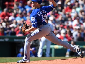 Toronto Blue Jays relief pitcher Aaron Sanchez pitches during the first inning against the Boston Red Sox at Fenway Park. (Bob DeChiara-USA TODAY Sports)