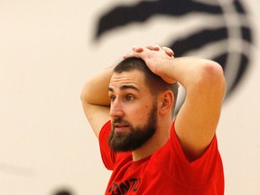 Raptors’ Jonas Valanciunas might be thinking about how to stay out of foul trouble yesterday. (Michael Peake/Toronto Sun)