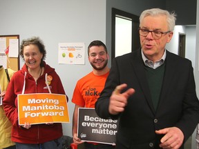 Manitoba NDP leader Greg Selinger speaks to supporters while visiting the campaign office of Assiniboia candidate Joe McKellep in Winnipeg, Man. Sunday April 17, 2016. (Brian Donogh/Winnipeg Sun/Postmedia Network)