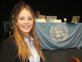 Kaelyn McGinty, a Grade 11 student at KCVI, was a delegate representing Mexico in the high school's Model United Nations. About 150 students took  part, debating global issues. (Michael Lea/The Whig-Standard)