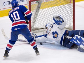 Marlies goaltender Garret Sparks was busy on April 17, 2016, facing 47 shots in the Marlies’ 4-2 victory over the Rochester Americans at Ricoh Coliseum. (CHRISTIAN BONIN/Photo)