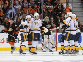 Nashville Predators celebrate the goal scored by centre Craig Smith (15) against Anaheim Ducks during the second period in game two of the first round of the 2016 Stanley Cup Playoffs at Honda Center on April 17, 2016. (Gary A. Vasquez-USA TODAY Sports)
