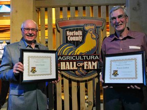 The Norfolk County Agricultural Hall of Fame held its latest induction on Sunday afternoon at Waterford Heritage and Agricultural Museum. Inductee Larry Chanda and Tom Landon, grandson of inductee Monroe Landon, were on hand for the ceremony. JACOB ROBINSON/Simcoe Reformer