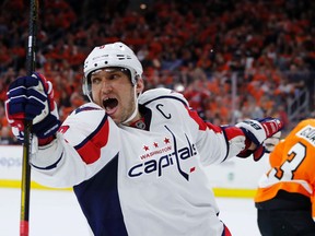 Washington Capitals forward Alex Ovechkin celebrates after scoring a goal during the second period of Game 3 in the first round of the NHL playoffs in Philadelphia on April 18, 2016. (AP Photo/Matt Slocum)