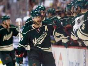 Minnesota Wild forward Jason Pominville celebrates his goal in the third period against the Dallas Stars in Game 3 of the first round of the NHL playoffs at Xcel Energy Center in St. Paul, Minn., on April 18, 2016. (Brad Rempel/USA TODAY Sports)