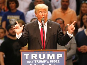 Republican presidential candidate Donald Trump speaks during a campaign stop at the First Niagara Center in Buffalo, N.Y., on April 18, 2016. (Michael Peake/Toronto Sun/Postmedia Network)