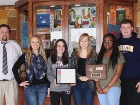 Participating in the Centre for Education in Mathematics and Computing Contest from the University of Waterloo were Chamonique Reinemo, Hilary Groulx, Calie DeJoseph,  Akase Cameron and Ryan Dumoulin. These students were part of the Canadian Senior Team Mathematics squad from Ecole Secondaire Cochrane High School. Their work won them the Zone Championship award. They are seen here with teacher McEwen Gillespie (left) Missing from the photo were Alysa Major-Brunette and Kyle Johnston.