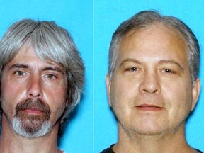 These undated booking photos provided by the Snohomish County Sheriff Office shows Tony Reed, left and John Reed. Authorities are searching for the two brothers who were involved in a property dispute with a missing Washington state couple. Neighbours reported Patrick Shunn and his wife, Monique Patenaude, of Arlington missing on Tuesday when their livestock was left unattended, and detectives in Snohomish County now believe they were killed. (Snohomish County Sheriff Office via AP)