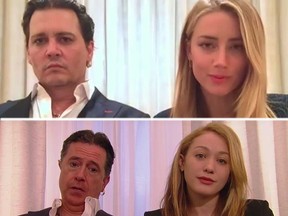 The apology video of Johnny Depp and Amber Heard, above, was mocked by Stephen Colbert on The Late Show last night.