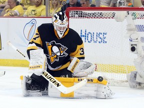 Pittsburgh Penguins goalie Jeff Zatkoff, seen making a save against the New York Rangers in Game 2 of the first round playoff series, could start in Game 3. (Charles LeClaire/USA TODAY Sports)