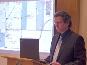 Dietrich Engineering’s Greg Nancekivell gives a PowerPoint presentation detailing his firm’s recommendations to extend the life of the Royal Oak drain in Huron-Kinloss. (Darryl Coote/Reporter)