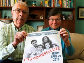 Emily Mountney-Lessard/The Intelligencer
Gerry Bibby and Jan Sosiak hold a promotional poster for an upcoming fundraising event. The It's A Wonderful Life event, a casual community gathering, is being held to raise funds for the St. Joseph's Syrian sponsorship group working to bring a refugee family to Belleville. The event is scheduled for April 29 at St. Theresa Catholic Secondary School.