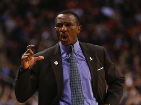 Toronto Raptors coach Dwane Casey is bitter at a call during second-half NBA action versus the Utah Jazz at the Air Canada Centre in Toronto on March 3, 2016. (Jack Boland/Toronto Sun/Postmedia Network)