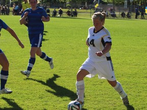 The leadership of Kaitlyn Diduck, here shown in Alberta college action against the King’s Eagles, is one of the reasons that Concordia Thunder head coach Franco Imbrogno is quick to express confidence about the future of his team when the new soccer season begins in late summer. The Thunder provided tough challenges all last season to the champion NAIT Ooks but showed their inexperience when they bowed to Douglas College in the first round of the national tournament. (Supplied)
