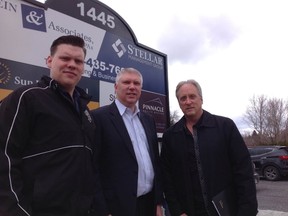Stellar Management Group’s Dale Hein (centre) is spearheading the plan to build a not-for-profit, two-pad arena in Carp to help sports groups led by people like son Eric Hein (left) convenor of the Capital Recreation Hockey League, and Jim Perkins, co-founder of the Capital City Condors, a hockey program for players with special needs. (Martin Cleary, photo)