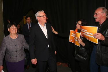 Manitoba NDP leader Greg Selinger and his wife Claudette Toupin are greeted by supporters after being defeated by the PC's in the provincial election April 19, 2016.
Brian Donogh/Winnipeg Sun/Postmedia Network