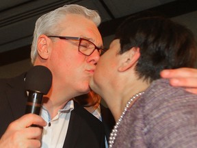 Manitoba NDP leader Greg Selinger kisses his wife Claudette Toupin after being defeated by the PC's in the provincial election April 19, 2016. Selinger also announced that he will step down as party leader.
Brian Donogh/Winnipeg Sun/Postmedia Network