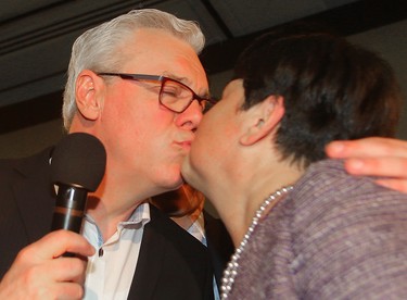 Manitoba NDP leader Greg Selinger kisses his wife Claudette Toupin after being defeated by the PC's in the provincial election April 19, 2016. Selinger also announced that he will step down as party leader.
Brian Donogh/Winnipeg Sun/Postmedia Network