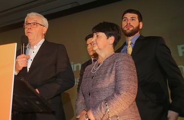 Manitoba NDP leader Greg Selinger and his family take the stage after being defeated by the PC's in the provincial election April 19, 2016.
Brian Donogh/Winnipeg Sun/Postmedia Network