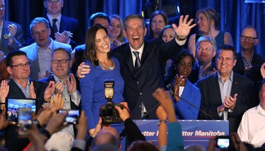 Progressive Conservative Leader Brian Pallister and wife Esther, surrounded by party candidates, greets supporters at Canad Inns Polo Park in Winnipeg on Tues., April 19, 2016. Kevin King/Winnipeg Sun/Postmedia Network