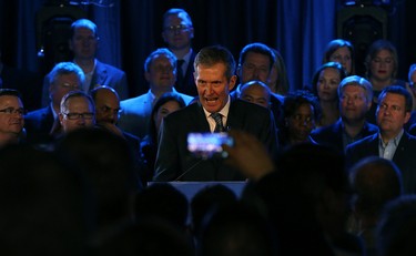 Progressive Conservative Leader Brian Pallister delivers his victory speech at Canad Inns Polo Park in Winnipeg on Tues., April 19, 2016. Kevin King/Winnipeg Sun/Postmedia Network