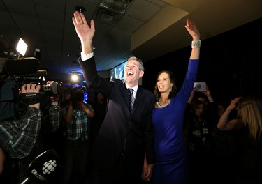 Progressive Conservative Leader Brian Pallister and wife Esther greet supporters at Canad Inns Polo Park in Winnipeg on Tues., April 19, 2016. Kevin King/Winnipeg Sun/Postmedia Network