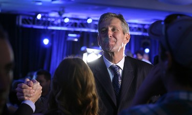 Progressive Conservative Leader Brian Pallister works the crowd at Canad Inns Polo Park in Winnipeg after leading his party to a majority victory on Tues., April 19, 2016. Kevin King/Winnipeg Sun/Postmedia Network