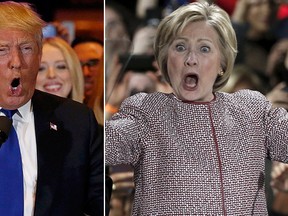 Republican U.S. presidential candidate Donald Trump, left, and U.S. Democratic presidential candidate Hillary Clinton are pictured during their New York presidential primary night rallies in Manhattan on April 19, 2016. (Reuters photos)