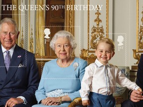 In this image released by the Royal Mail on Wednesday April 20, 2016 four generations of the Royal family, from left, Prince Charles, Britain's Queen Elizabeth II, Prince George and Prince William, the Duke of Cambridge are featured on a stamp sheet to mark the 90th birthday of the Queen. The image was taken in a photo shoot for the Royal Mail in the summer of 2015 in the White Drawing Room at Buckingham Palace in London. (Ranald Mackechnie/Royal Mail via AP) MANDATORY CREDIT