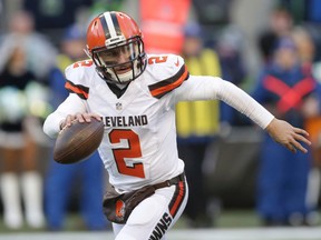 In this Sunday, Dec. 20, 2015 file photo, Cleveland Browns quarterback Johnny Manziel looks to pass against the Seattle Seahawks in the second half of a game in Seattle. (AP Photo/Scott Eklund, File)