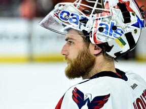Washington Capitals goalie Braden Holtby (70) takes a break during Game 3 of the first-round playoff series against the Philadelphia Flyers at the Wells Fargo Center. (Eric Hartline/USA TODAY Sports)