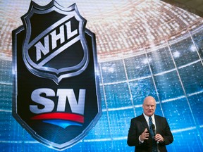 Scott Moore, president of Sportsnet NHL, speaks as the TV station's studio is unveiled inside the CBC building in Toronto on Sept. 29, 2014. (Dave Abel/Toronto Sun)