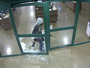 A thief, laden with guns, makes his way out of Cabela's sporting goods store in northeast Calgary on April 19, 2016.