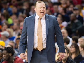 Tom Thibodeau of the Chicago Bulls yells to his players during the first half against the Cleveland Cavaliers at Quicken Loans Arena on April 5, 2015 in Cleveland, Ohio.