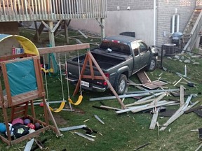 The pick up truck before being removed from the Weston Crescent  backyard Wednesday morning after it left Taylor Kidd Boulevard in Kingston, Ont. at approximately 9:15 p.m. on Tuesday April 19, 2016. Supplied photo