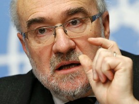 Michel Jarraud, Secretary-General of the World Meteorological Organization (WMO) gestures during the presentation of the five-year report on the climate from 2011-2015 at the United Nations European headquarters in Geneva, Switzerland in this November 25, 2015 file photo. REUTERS/Denis Balibouse