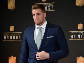 Houston Texans defensive end J.J. Watt poses after his selection as AP Defensive Player of the Year at the NFL Honors press room at Bill Graham Civic Auditorium. (Kirby Lee/USA TODAY Sports)